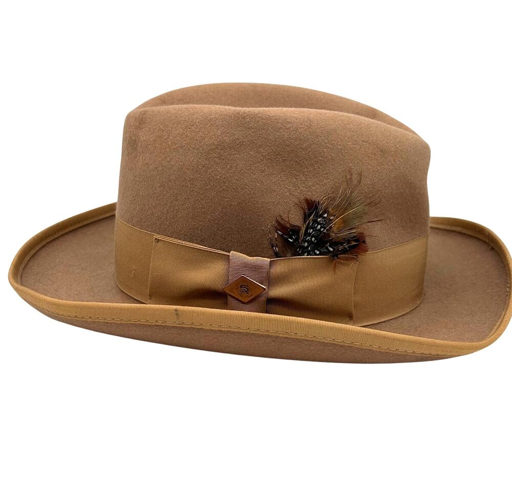 Stacy Adams Wool Felt Pinch Front Fedora Hat Camel Tan Feather 22" Size S